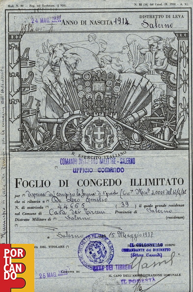 1939 foglio di congedo di Emilio De Leo